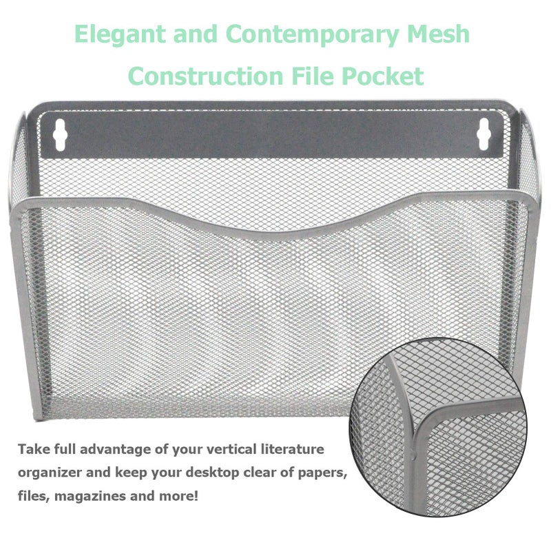 EASEPRES 3 Single Pocket Mesh Hanging File Organizer, Vertical Wall Mounted Magazine File Holder, Mount Basket Mail Paper Document Folder Organizing for Office, Home and School, Silver - Image 3